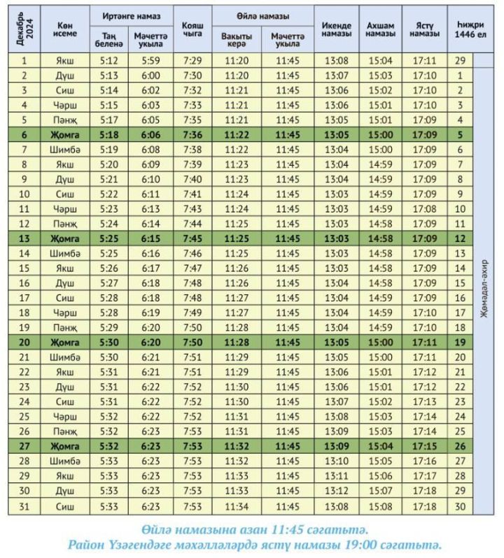 Актаныш районы өчен декабрь аена намаз вакыты